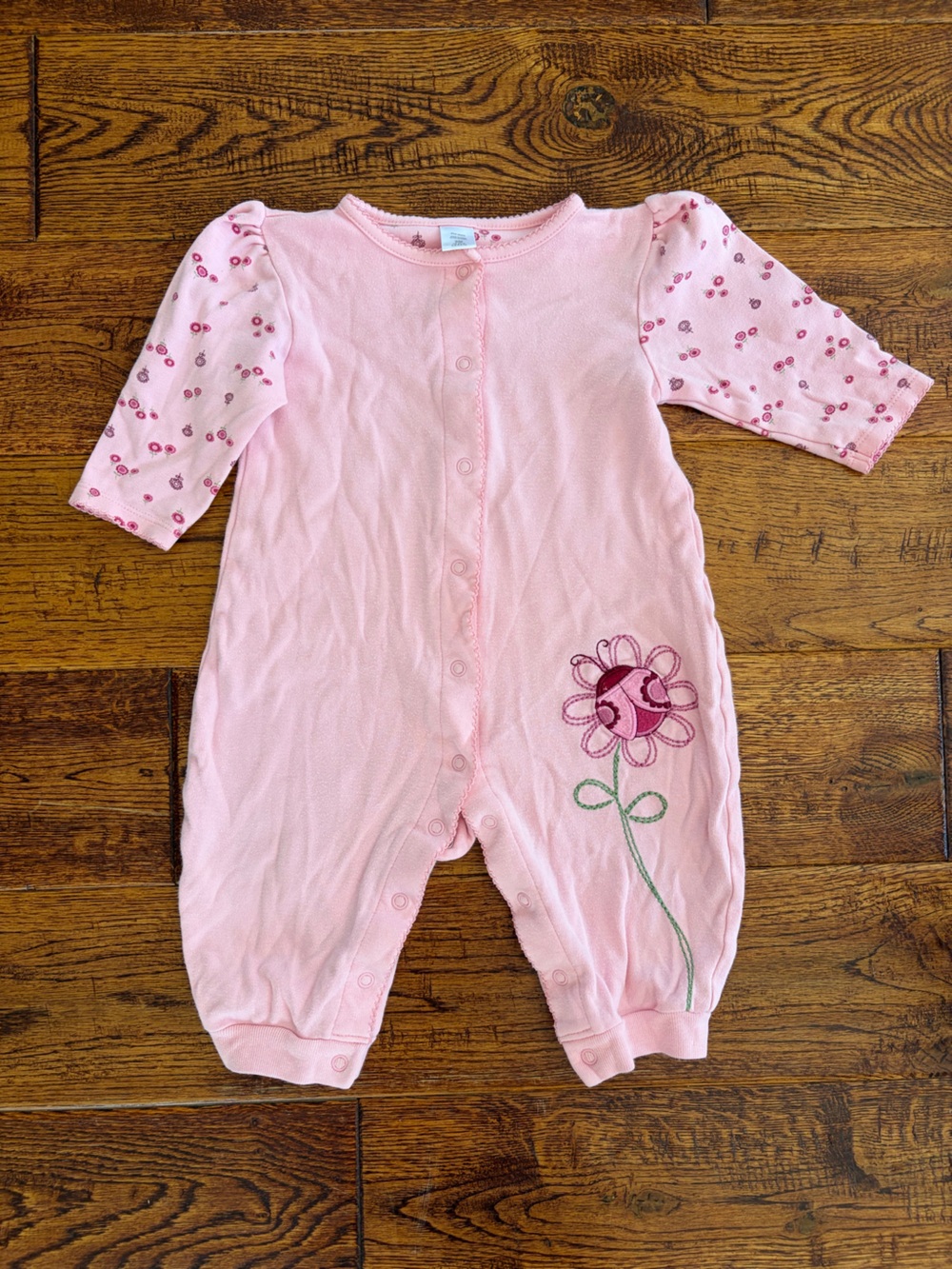 Vintage Floral Ladybug Pink One Piece Long Sleeve 100% Cotton Button Down Outfit